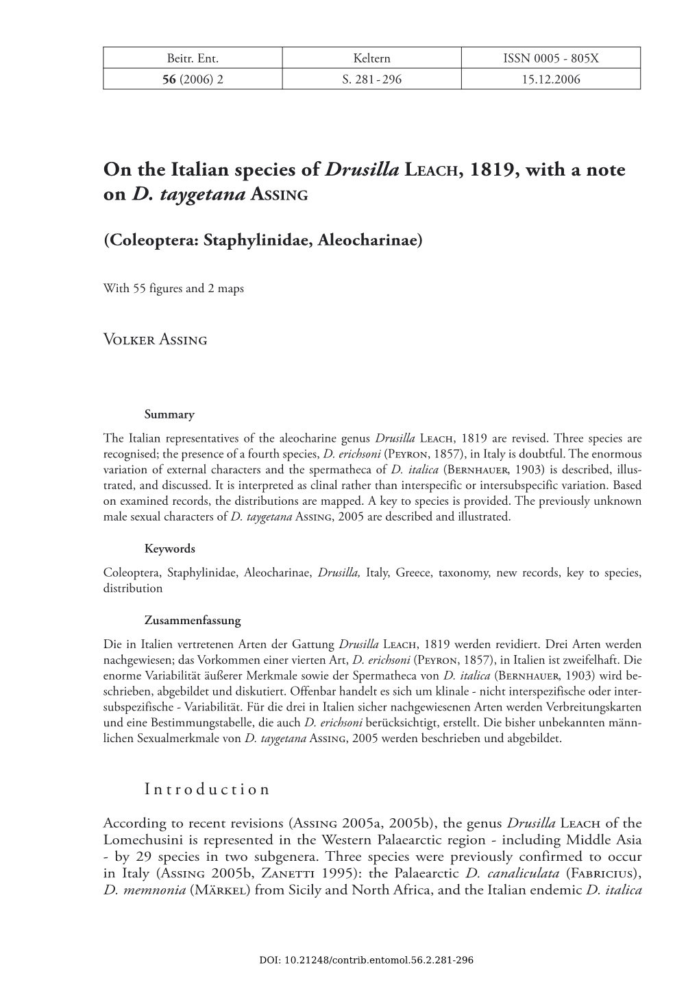 On the Italian Species of Drusilla LEACH, 1819, with a Note on D