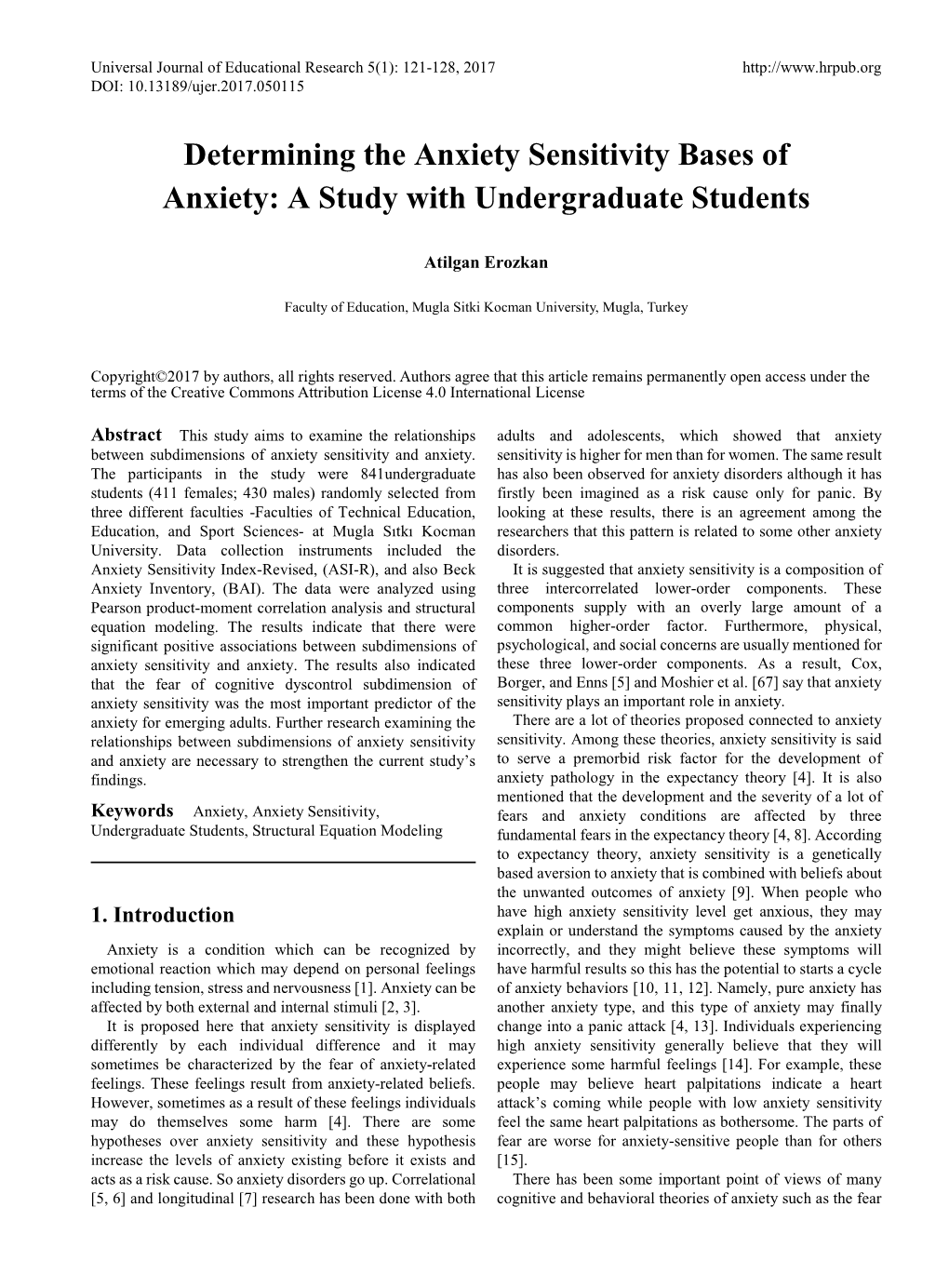 Determining the Anxiety Sensitivity Bases of Anxiety: a Study with Undergraduate Students