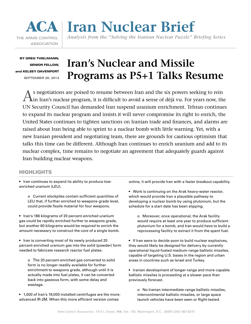 ACA Iran Nuclear Brief the ARMS CONTROL Analysis from the “Solving the Iranian Nuclear Puzzle” Briefing Series ASSOCIATION