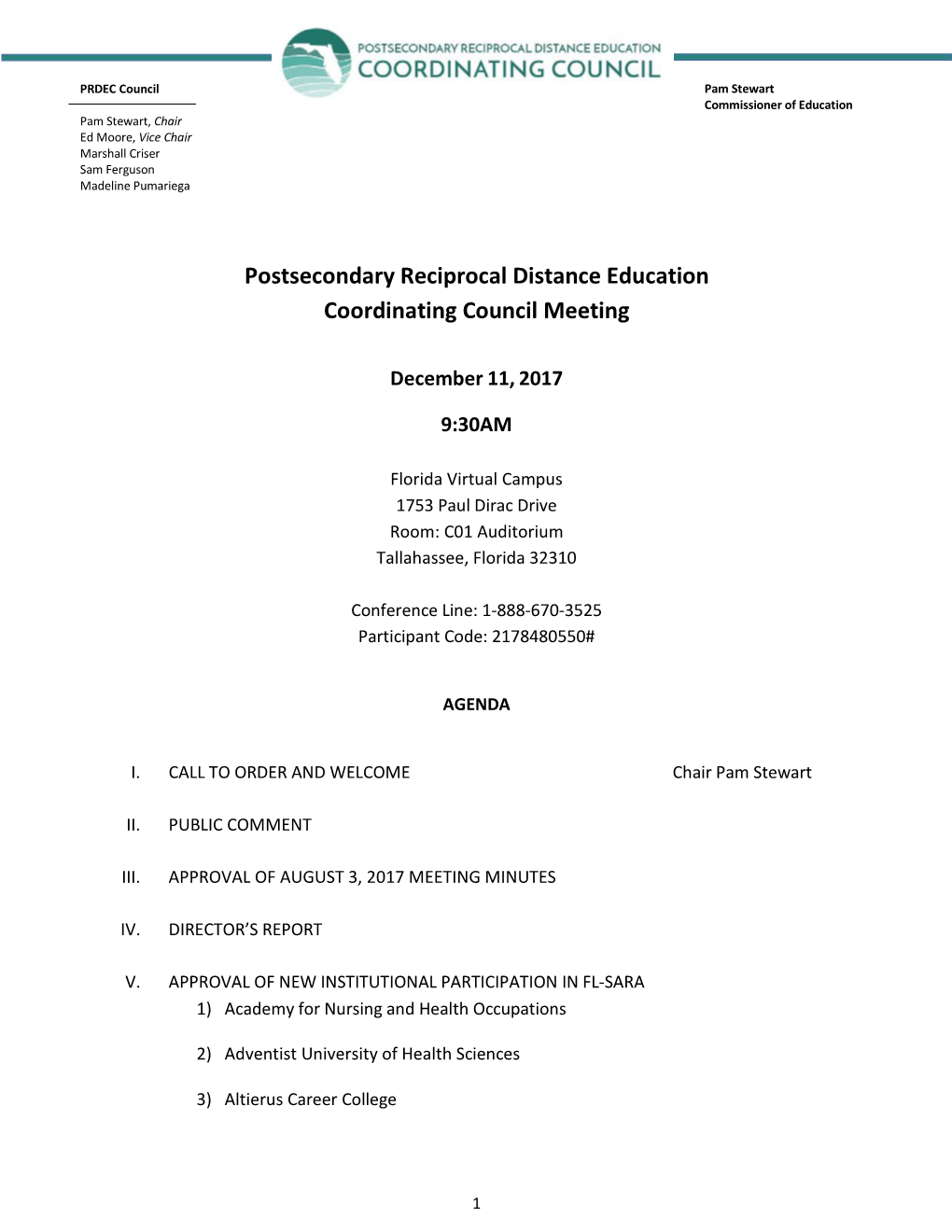 Postsecondary Reciprocal Distance Education Coordinating Council Meeting