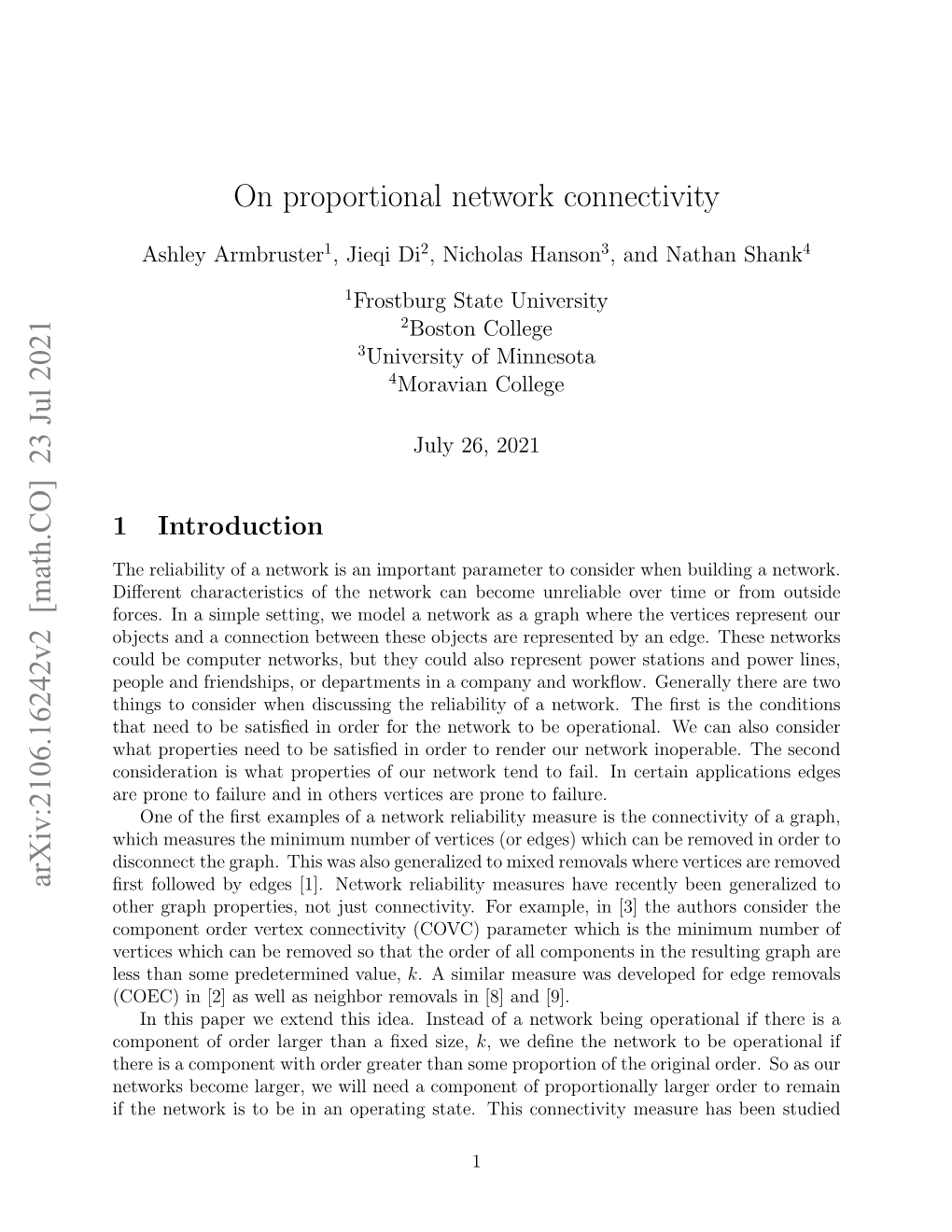 On Proportional Network Connectivity Arxiv:2106.16242V2 [Math.CO] 23 Jul 2021