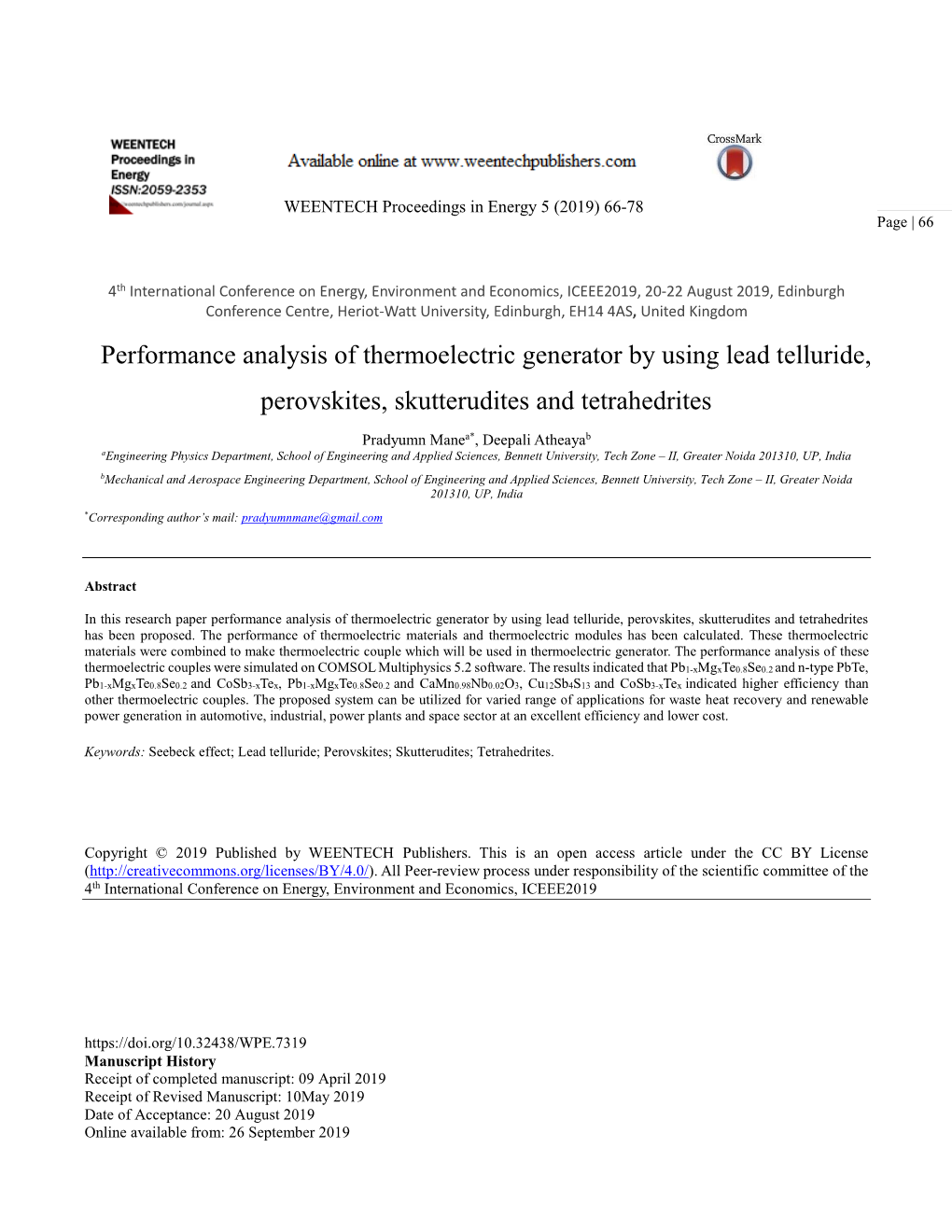 Performance Analysis of Thermoelectric Generator by Using Lead Telluride, Perovskites, Skutterudites and Tetrahedrites