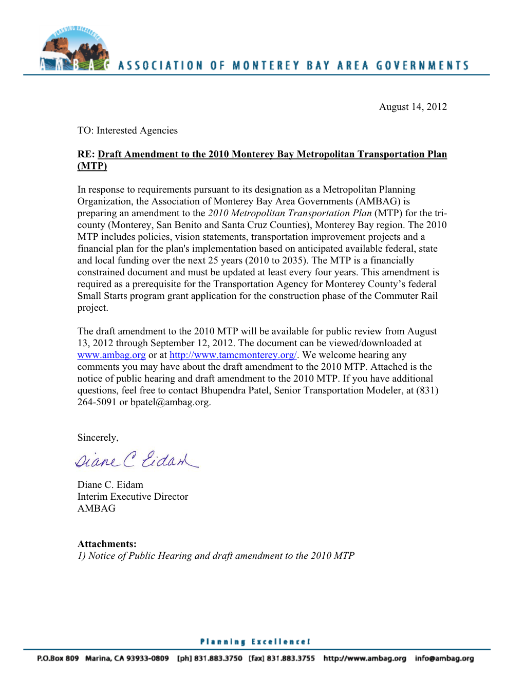 Draft Amendment to the 2010 Monterey Bay Metropolitan Transportation Plan (MTP)