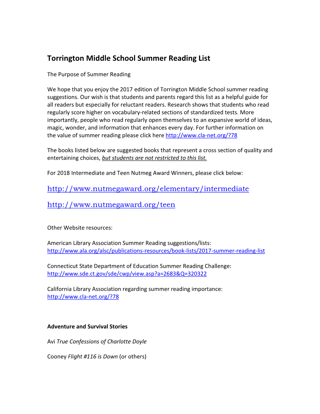 Torrington Middle School Summer Reading List