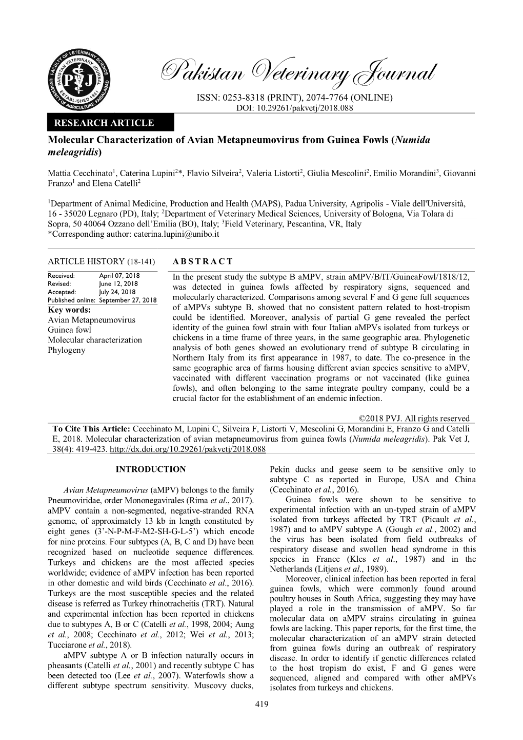 Molecular Characterization of Avian Metapneumovirus from Guinea Fowls (Numida Meleagridis)