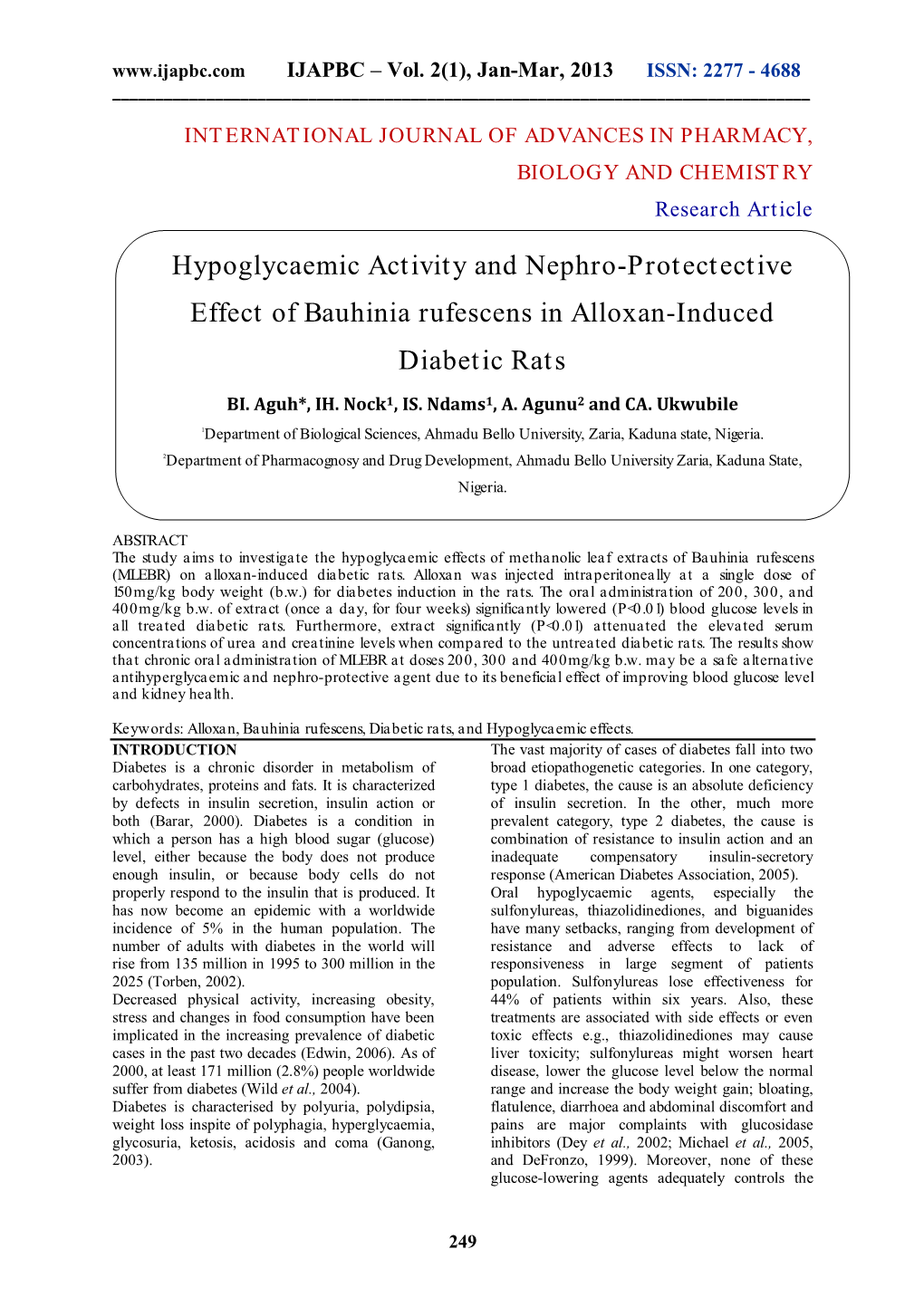 Hypoglycaemic Activity and Nephro-Protectective Effect Of