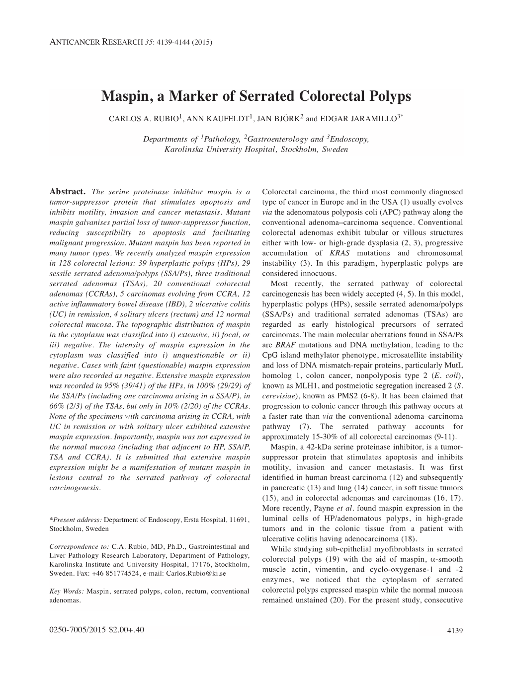 Maspin, a Marker of Serrated Colorectal Polyps