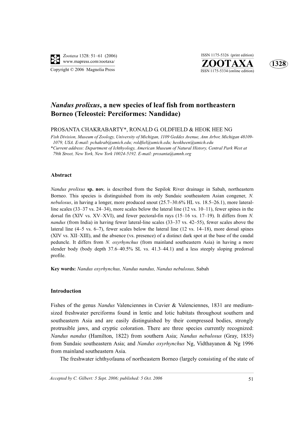 Nandus Prolixus, a New Species of Leaf Fish from Northeastern Borneo (Teleostei: Perciformes: Nandidae)