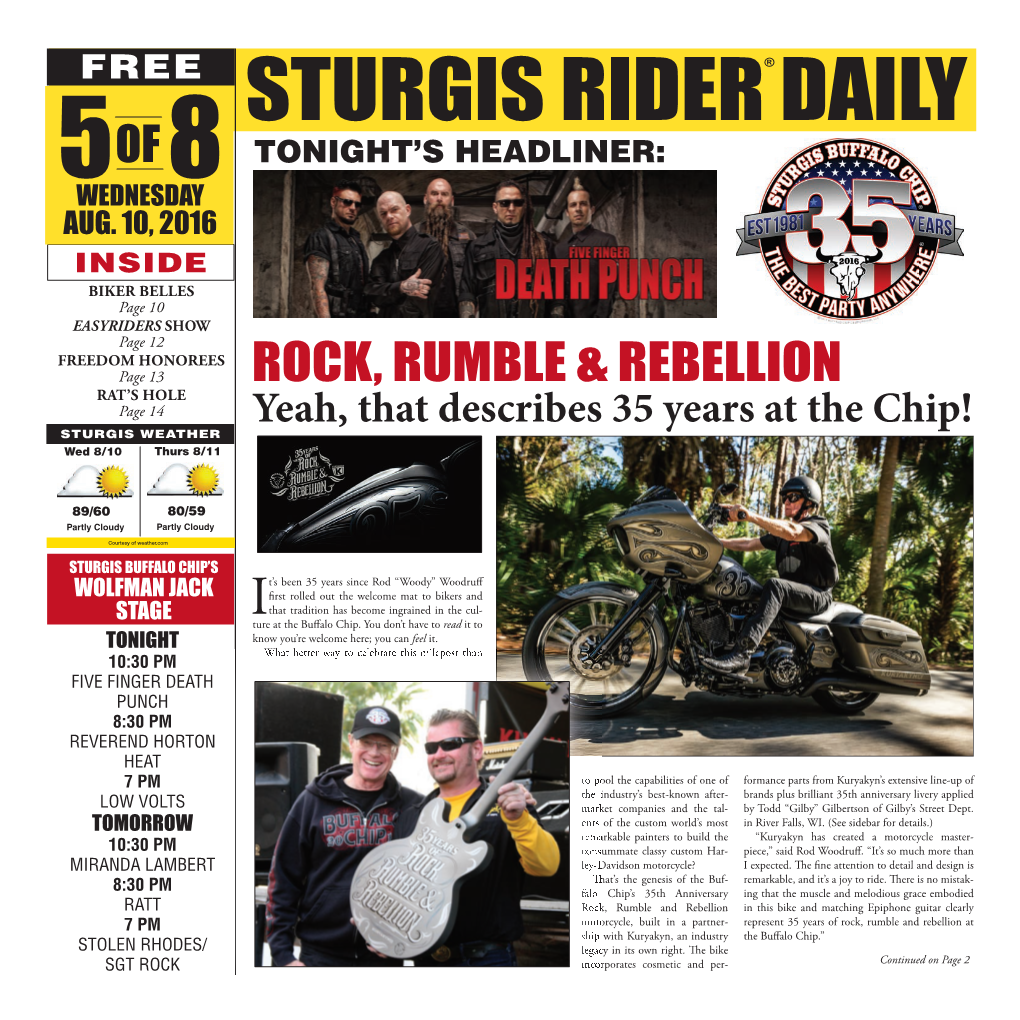 Sturgis Rider Daily 5 of 8 Tonight’S Headliner: Wednesday Aug