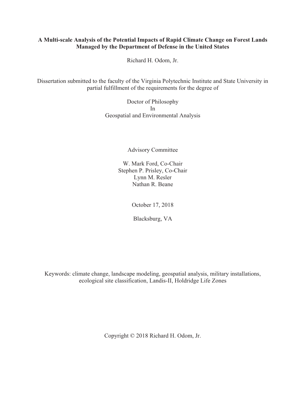 A Multi-Scale Analysis of the Potential Impacts of Rapid Climate Change on Forest Lands Managed by the Department of Defense in the United States