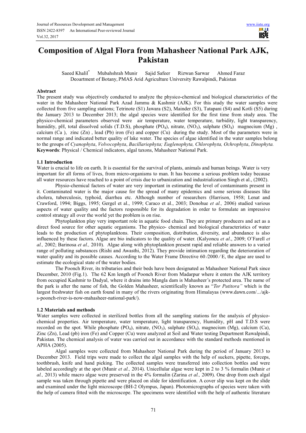 Composition of Algal Flora from Mahasheer National Park AJK, Pakistan