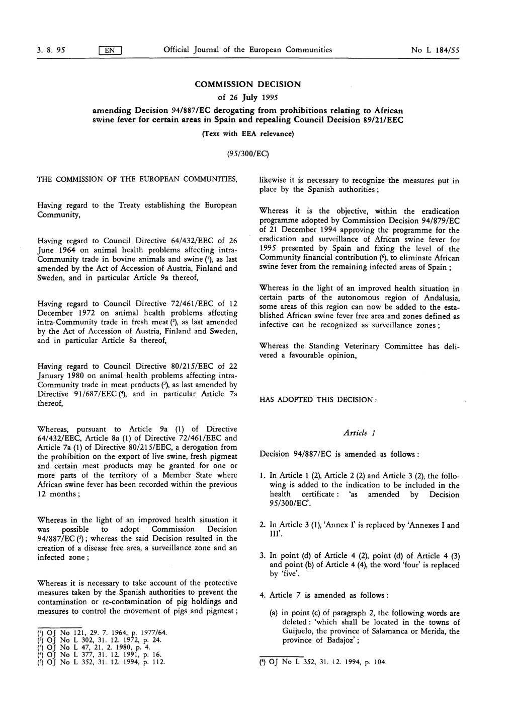 Amending Decision 94/887/EC Derogating from Prohibitions