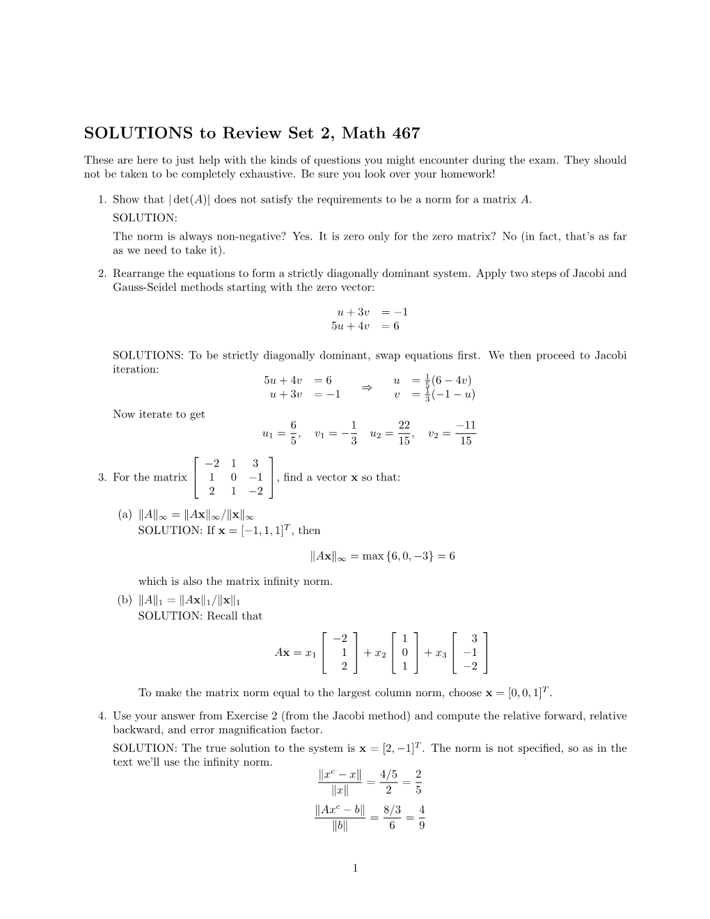 SOLUTIONS to Review Set 2, Math 467
