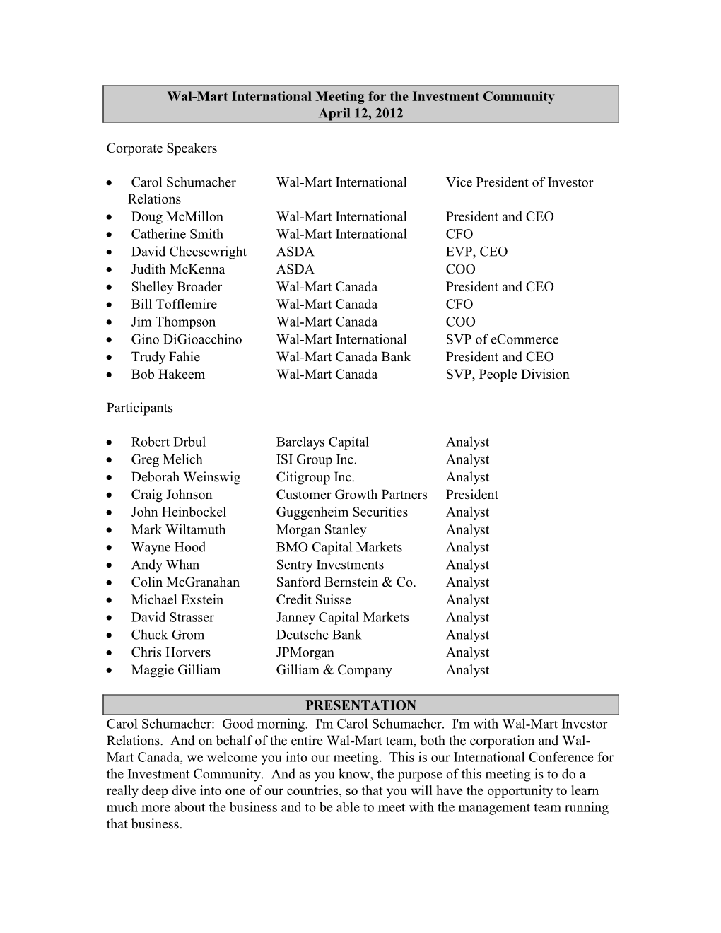 Wal-Mart International Meeting for the Investment Community April 12, 2012