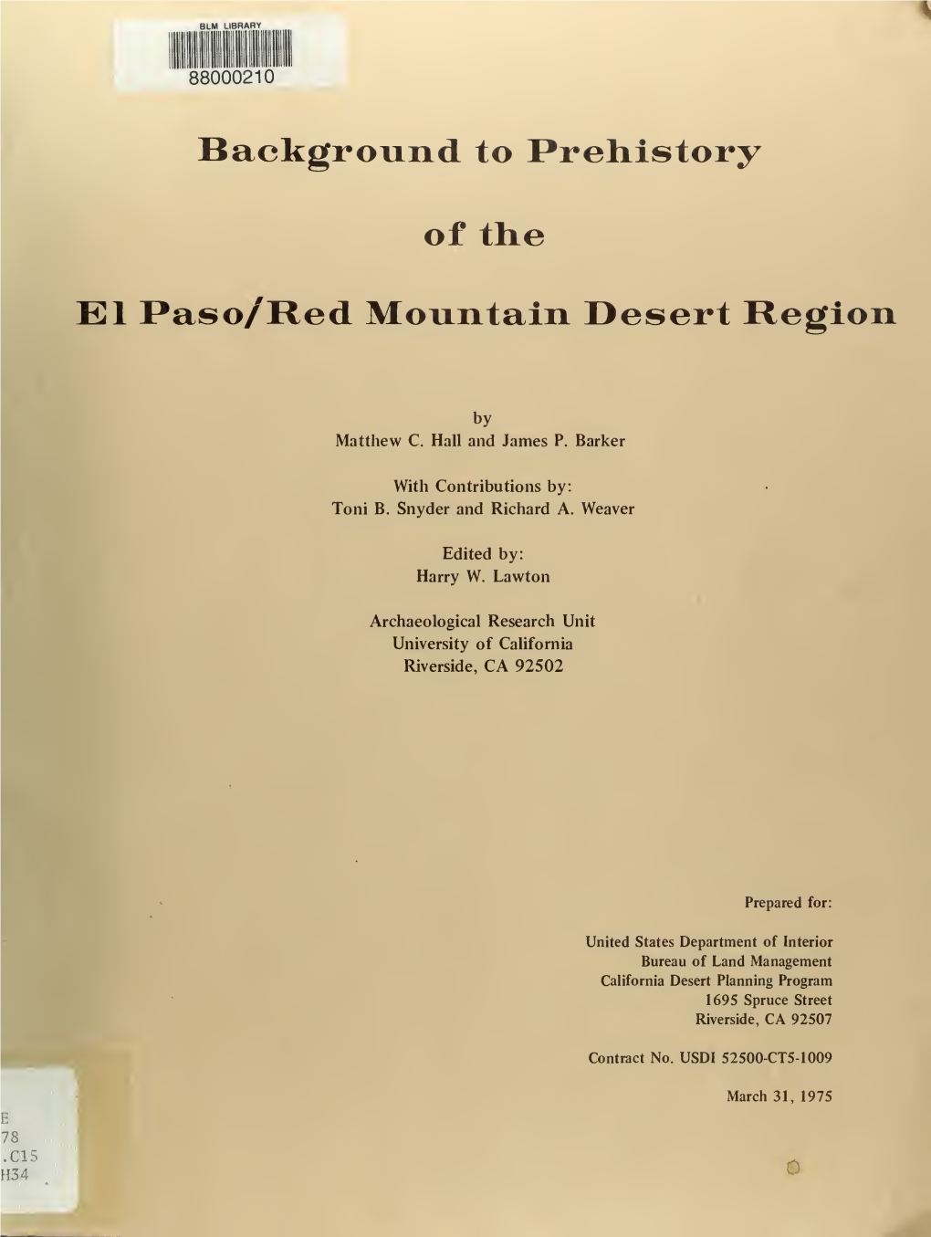 Background to Prehistory of the El Paso/Red Mountain Desert Region