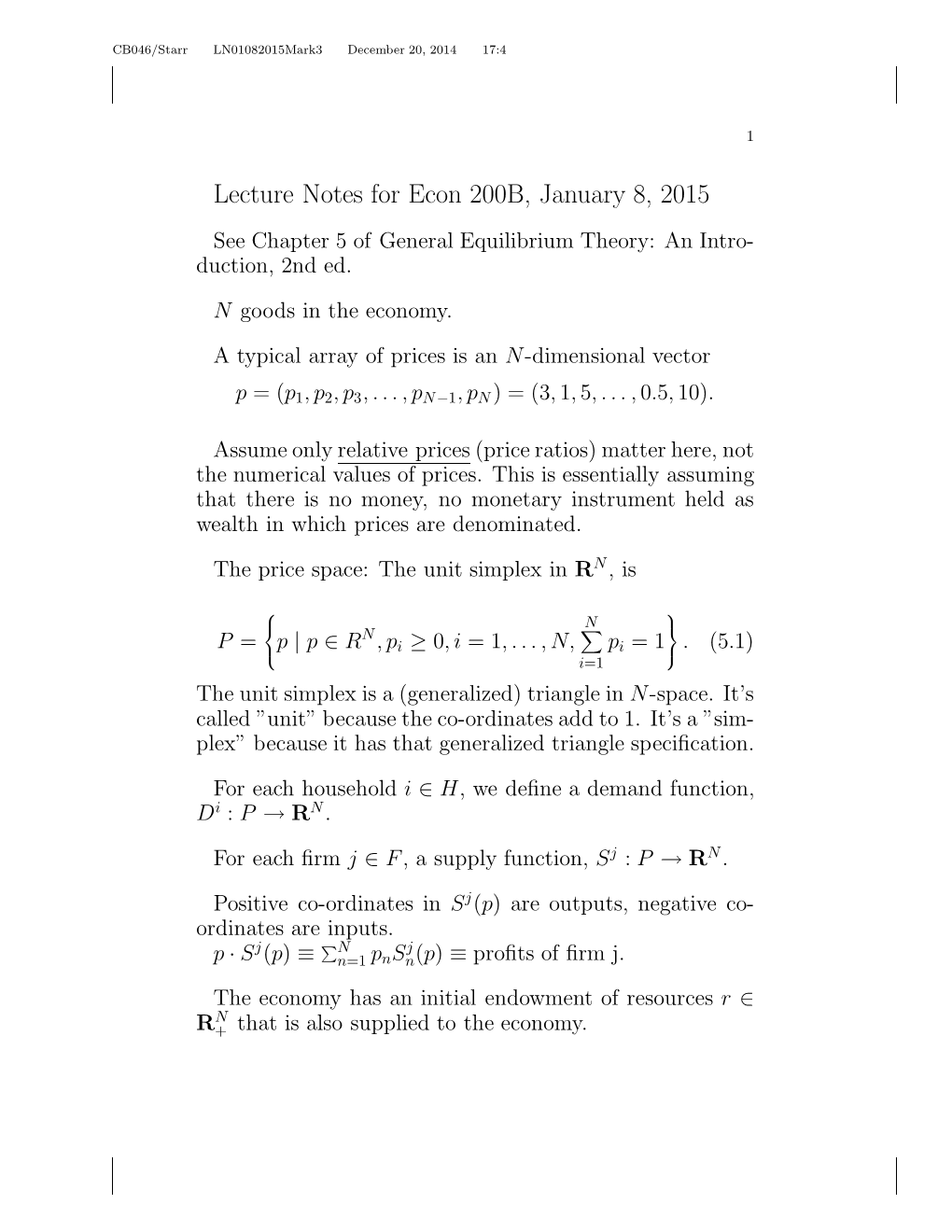 Lecture Notes for Econ 200B, January 8, 2015