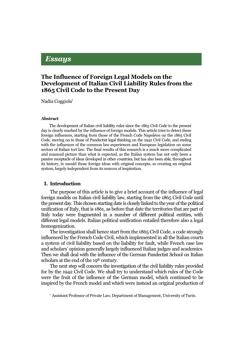 The Influence of Foreign Legal Models on the Development of Italian Civil Liability Rules from the 1865 Civil Code to the Present Day