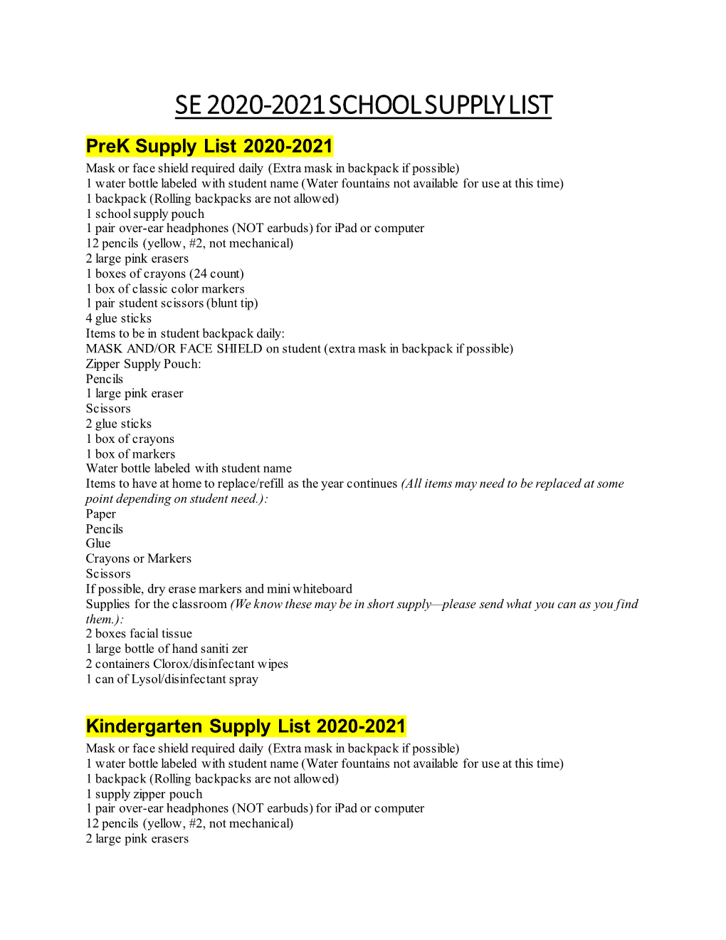 Sundance Elementary Supply List 2020-2021