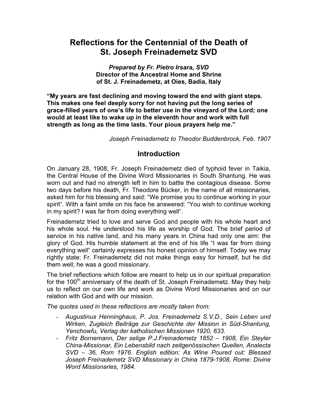 Reflections for the Centennial of the Death of St. Joseph Freinademetz SVD