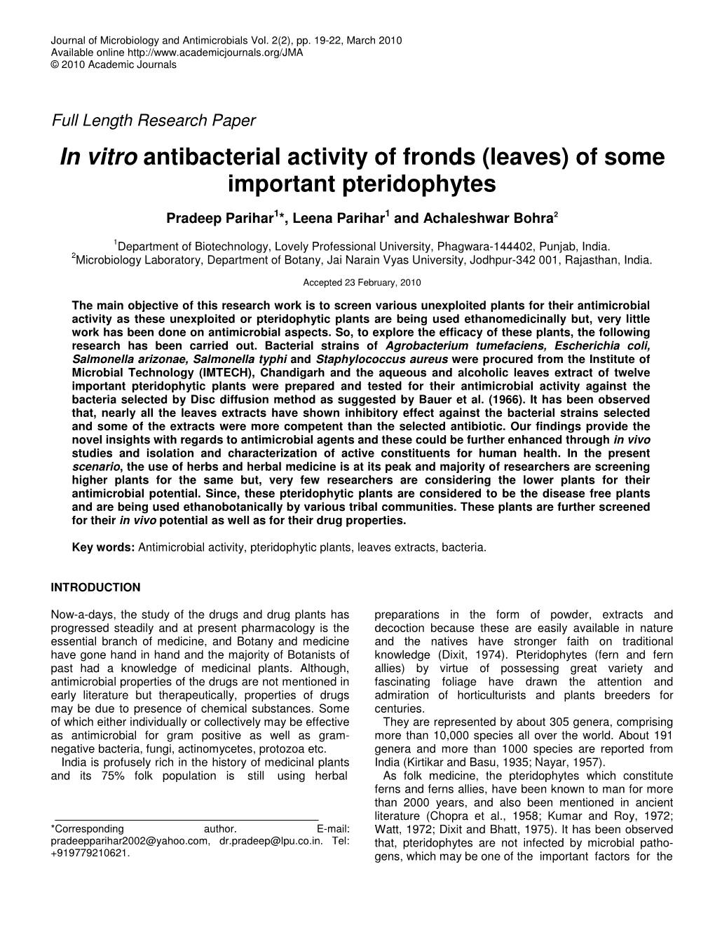 In Vitro Antibacterial Activity of Fronds (Leaves) of Some Important Pteridophytes