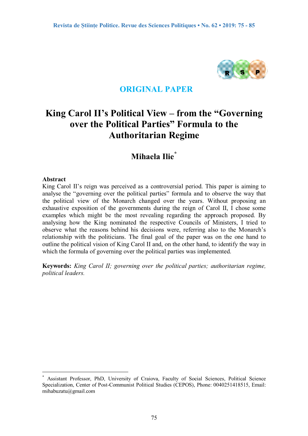 King Carol II's Political View
