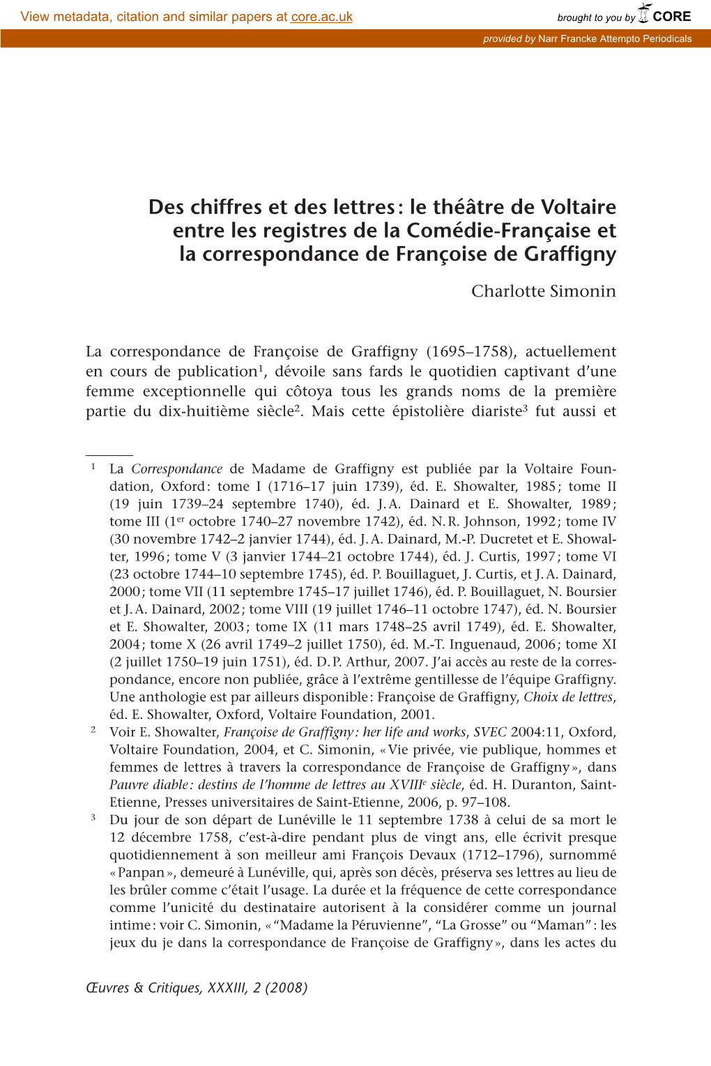 Le Théâtre De Voltaire Entre Les Registres De La Comédie-Française Et La Correspondance De Françoise De Graffigny