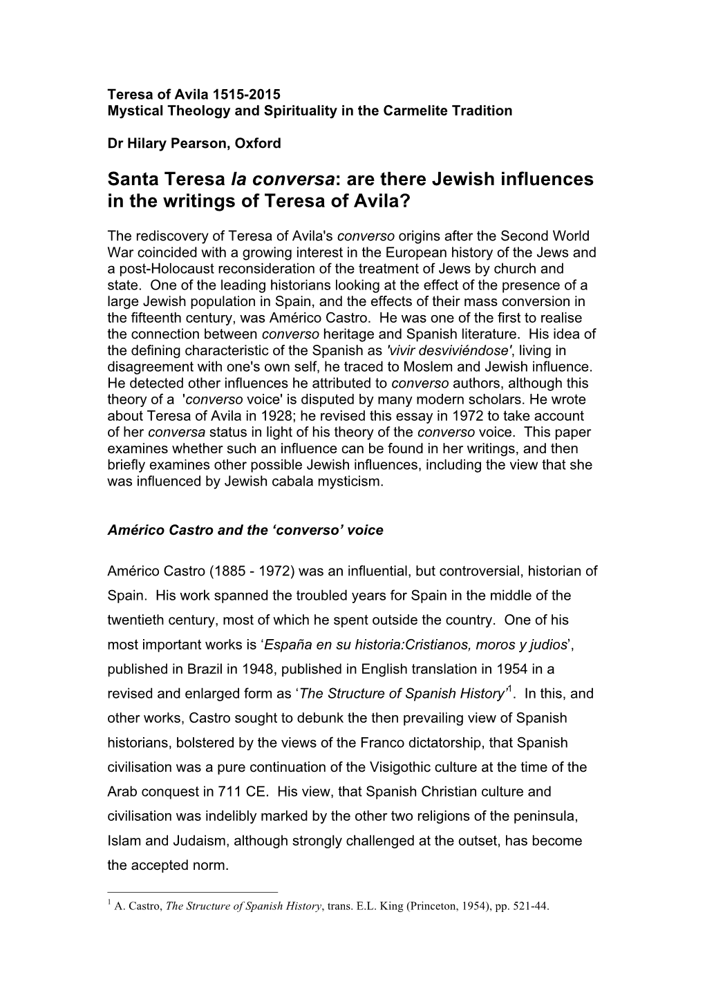 Are There Jewish Influences in the Writings of Teresa of Avila?