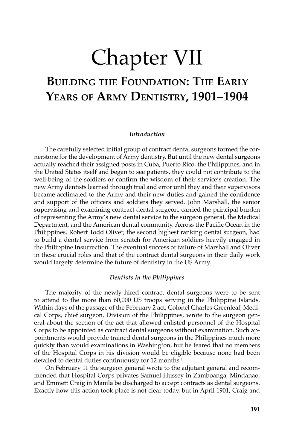 Chapter VII, Building the Foundation: the Early Years of Army Dentistry, 1901-1904