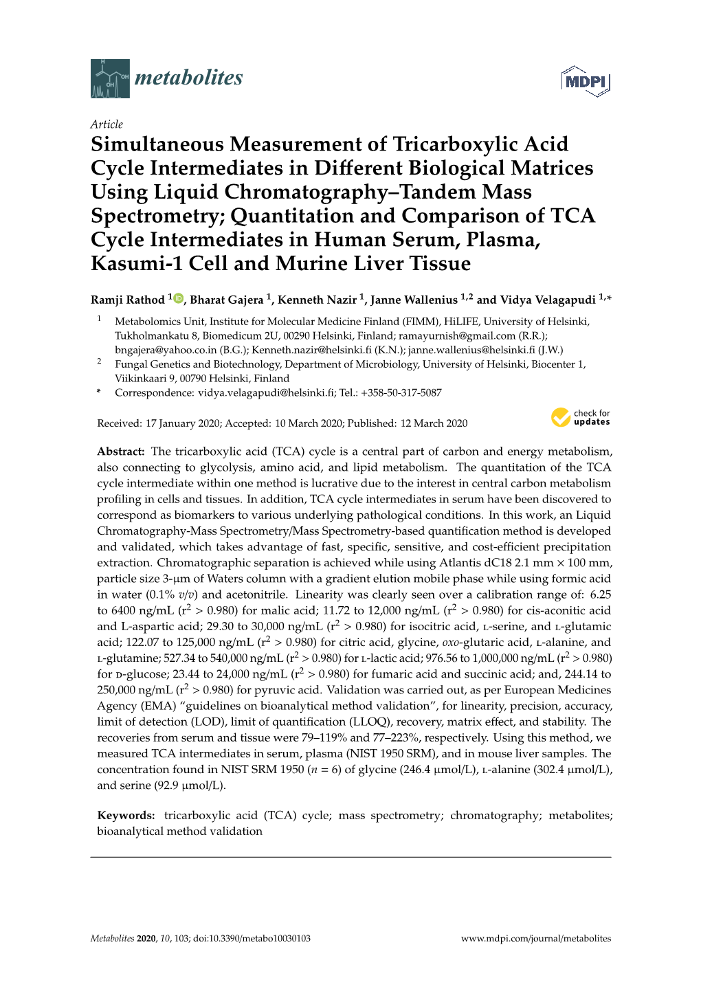 Simultaneous Measurement of Tricarboxylic Acid Cycle