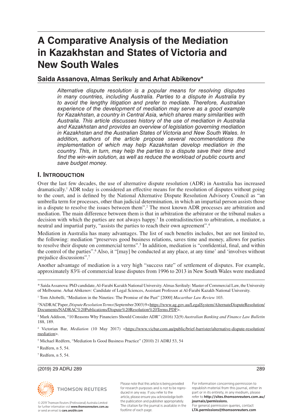 A Comparative Analysis of the Mediation in Kazakhstan and States of Victoria and New South Wales Saida Assanova, Almas Serikuly and Arhat Abikenov*