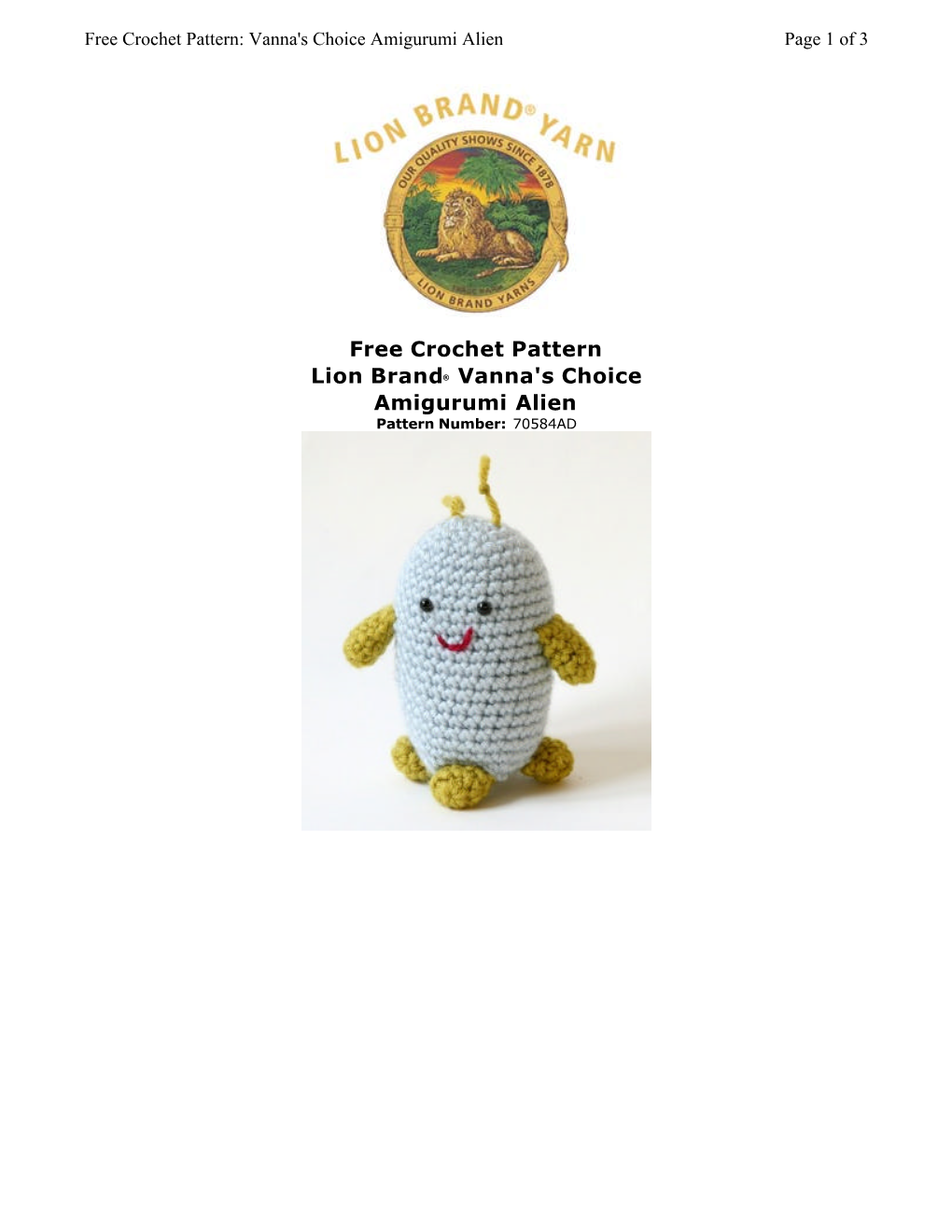 Free Crochet Pattern Lion Brand® Vanna's Choice Amigurumi Alien
