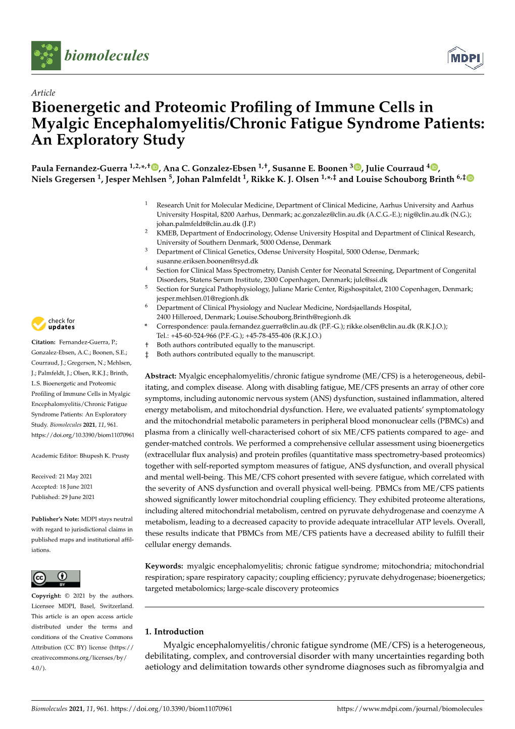 Bioenergetic and Proteomic Profiling of Immune Cells in Myalgic