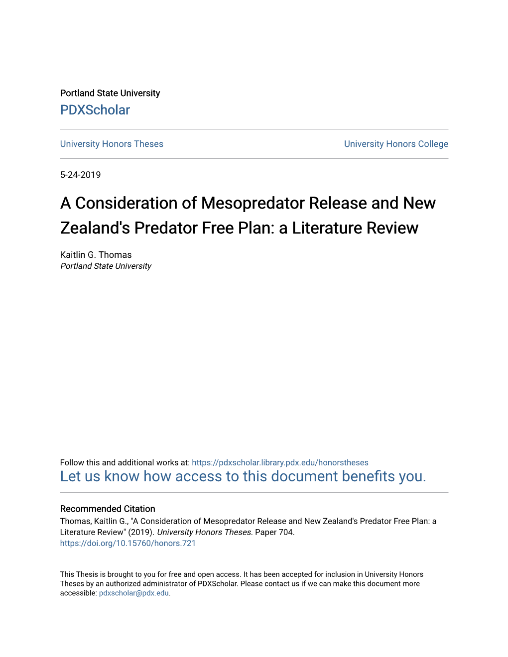 A Consideration of Mesopredator Release and New Zealand's Predator Free Plan: a Literature Review