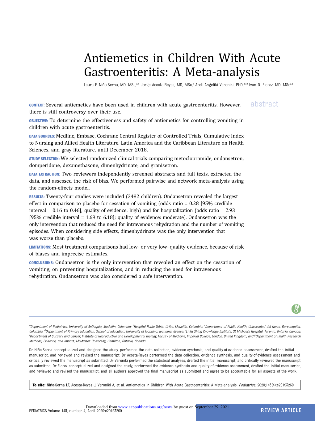 Antiemetics in Children with Acute Gastroenteritis: a Meta-Analysis Laura F