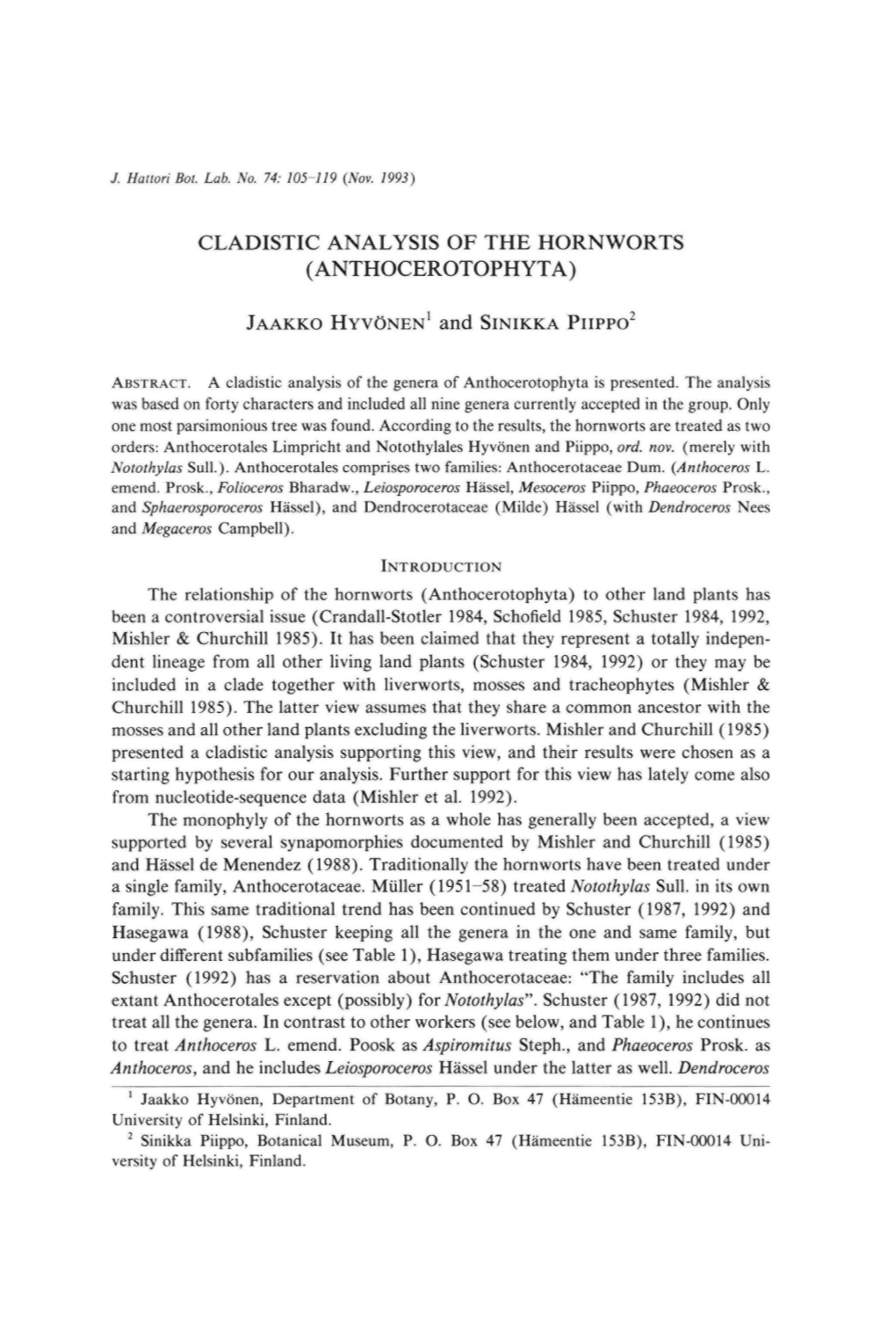 Cladistic Analysis of the Hornworts (Anthocerotophyta)