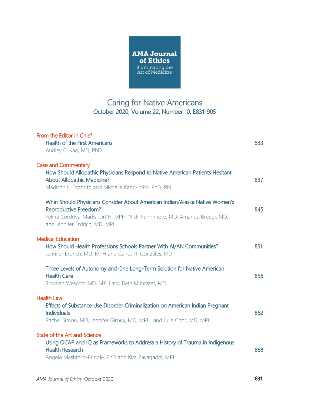 Caring for Native Americans October 2020, Volume 22, Number 10: E831-905