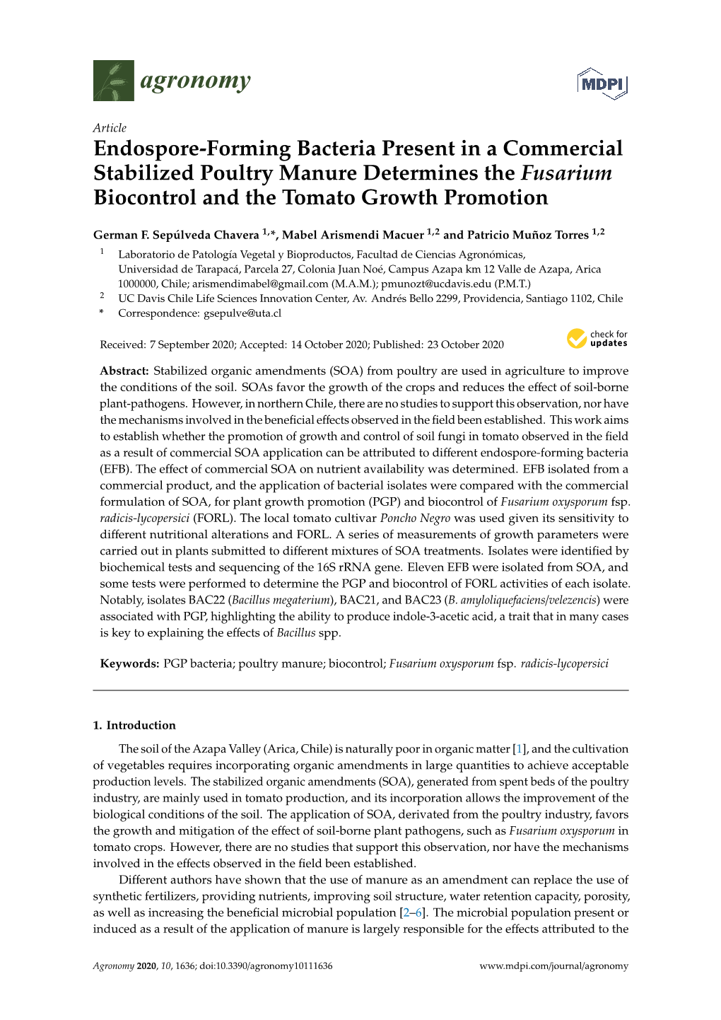 Endospore-Forming Bacteria Present in a Commercial Stabilized Poultry Manure Determines the Fusarium Biocontrol and the Tomato Growth Promotion