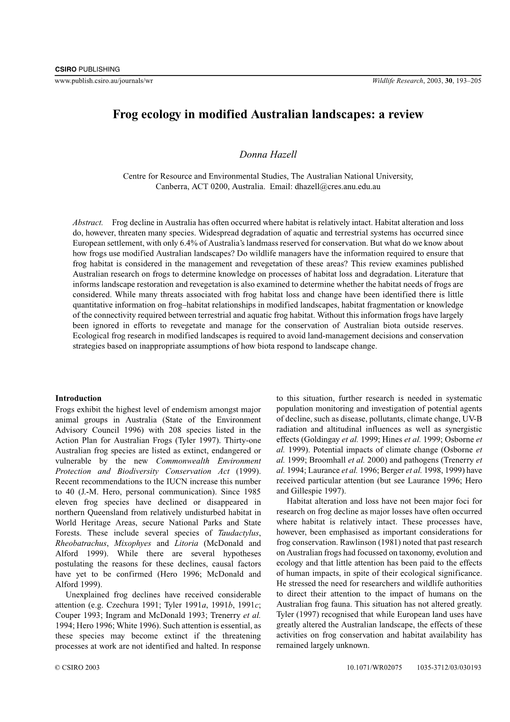 Frog Ecology in Modified Australian Landscapes: a Review