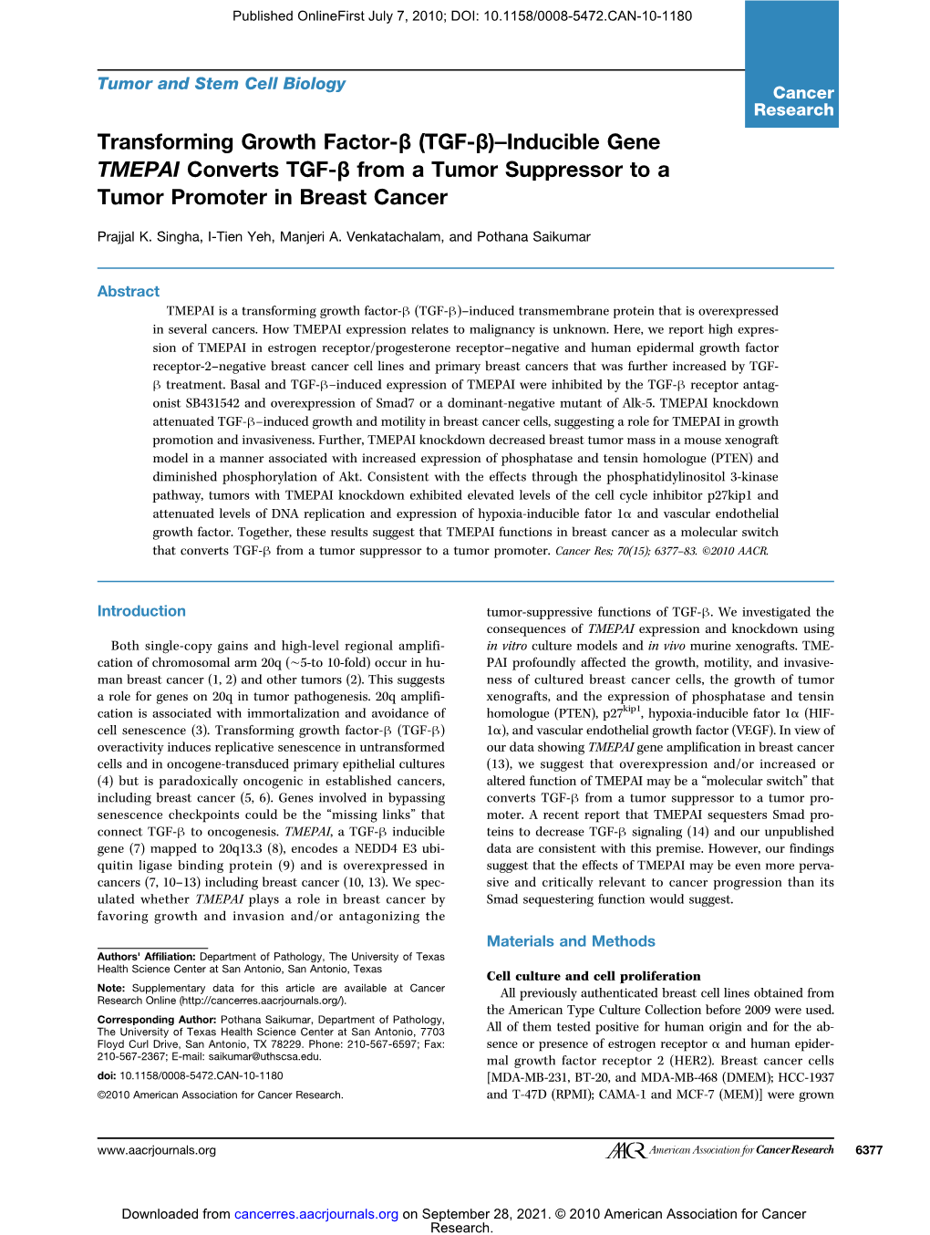 Transforming Growth Factor-Β (TGF-Β)–Inducible Gene TMEPAI Converts TGF-Β from a Tumor Suppressor to a Tumor Promoter in Breast Cancer