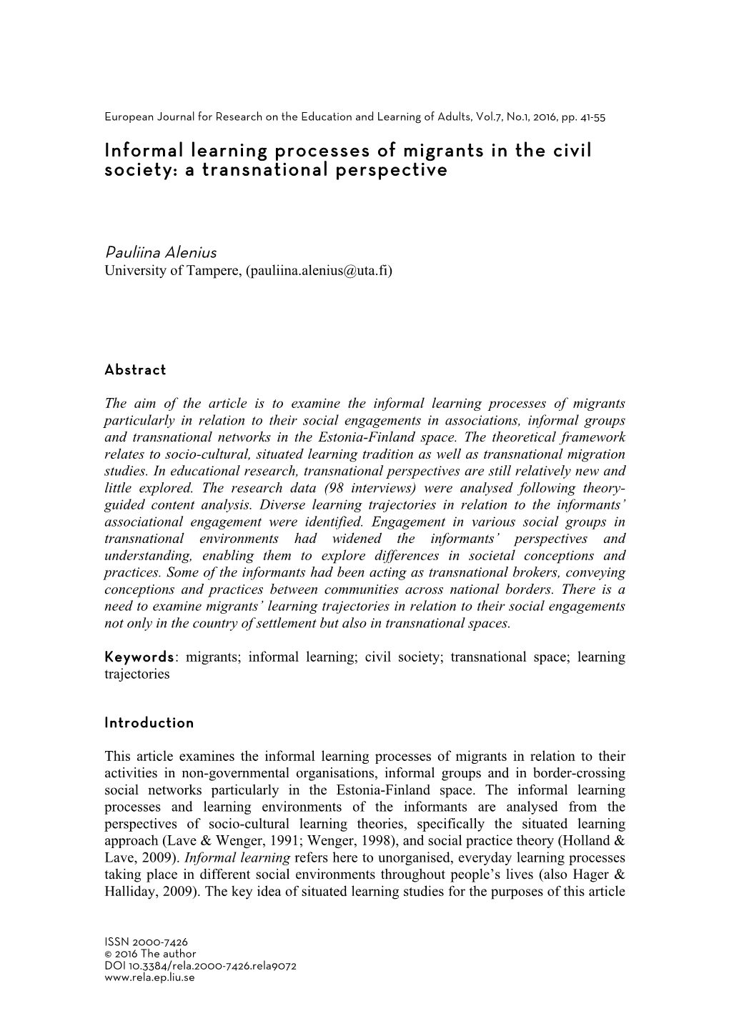 Informal Learning Processes of Migrants in the Civil Society: a Transnational Perspective
