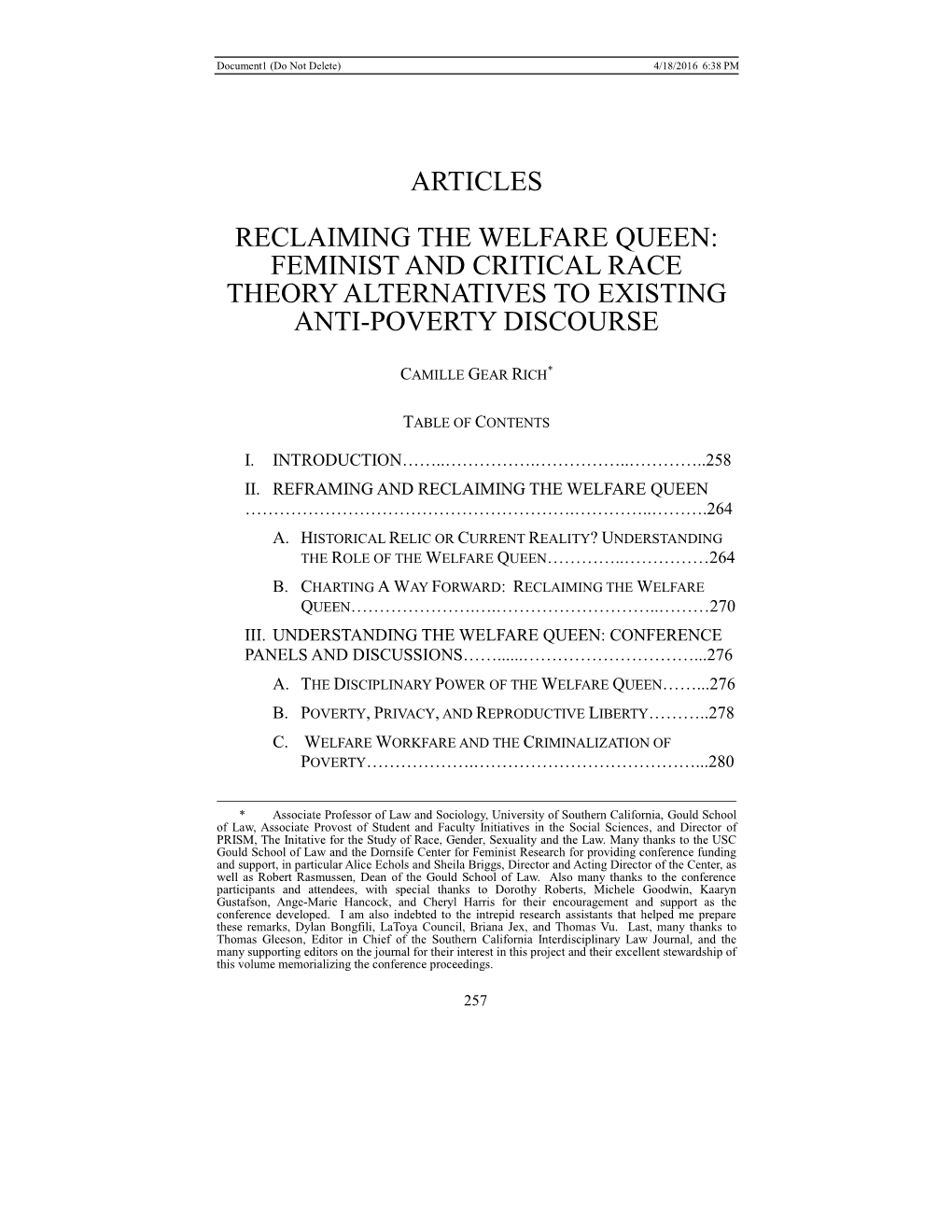 Welfare Queen: Feminist and Critical Race Theory Alternatives to Existing Anti-Poverty Discourse