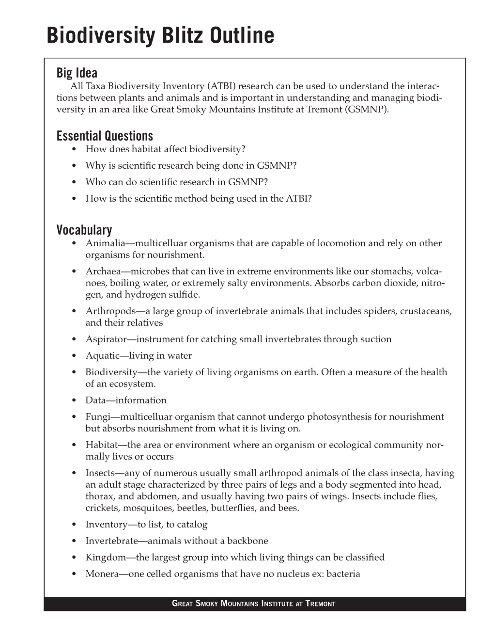 Biodiversity Blitz Outline