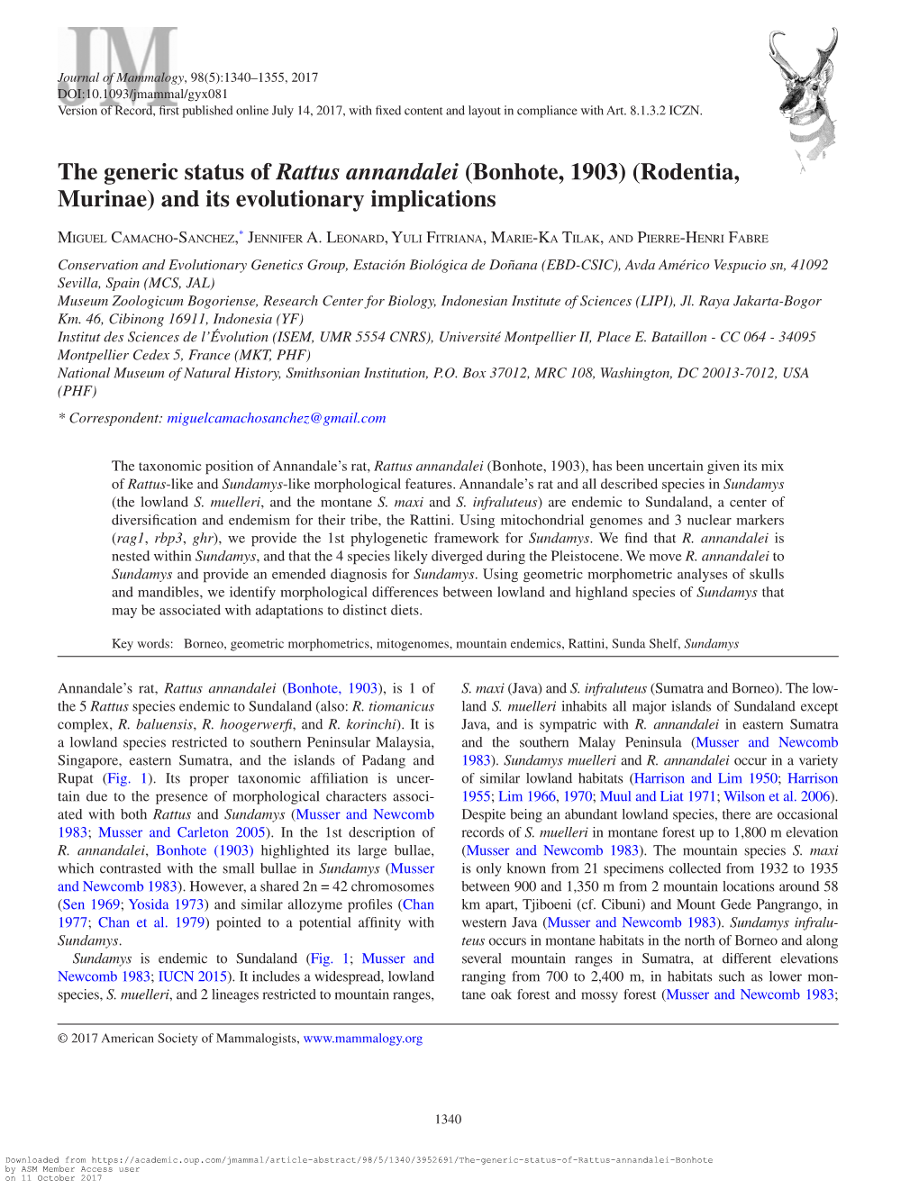 The Generic Status of Rattus Annandalei (Bonhote, 1903) (Rodentia, Murinae) and Its Evolutionary Implications