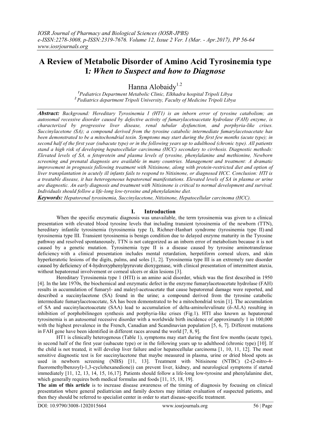 A Review of Metabolic Disorder of Amino Acid Tyrosinemia Type I: When to Suspect and How to Diagnose