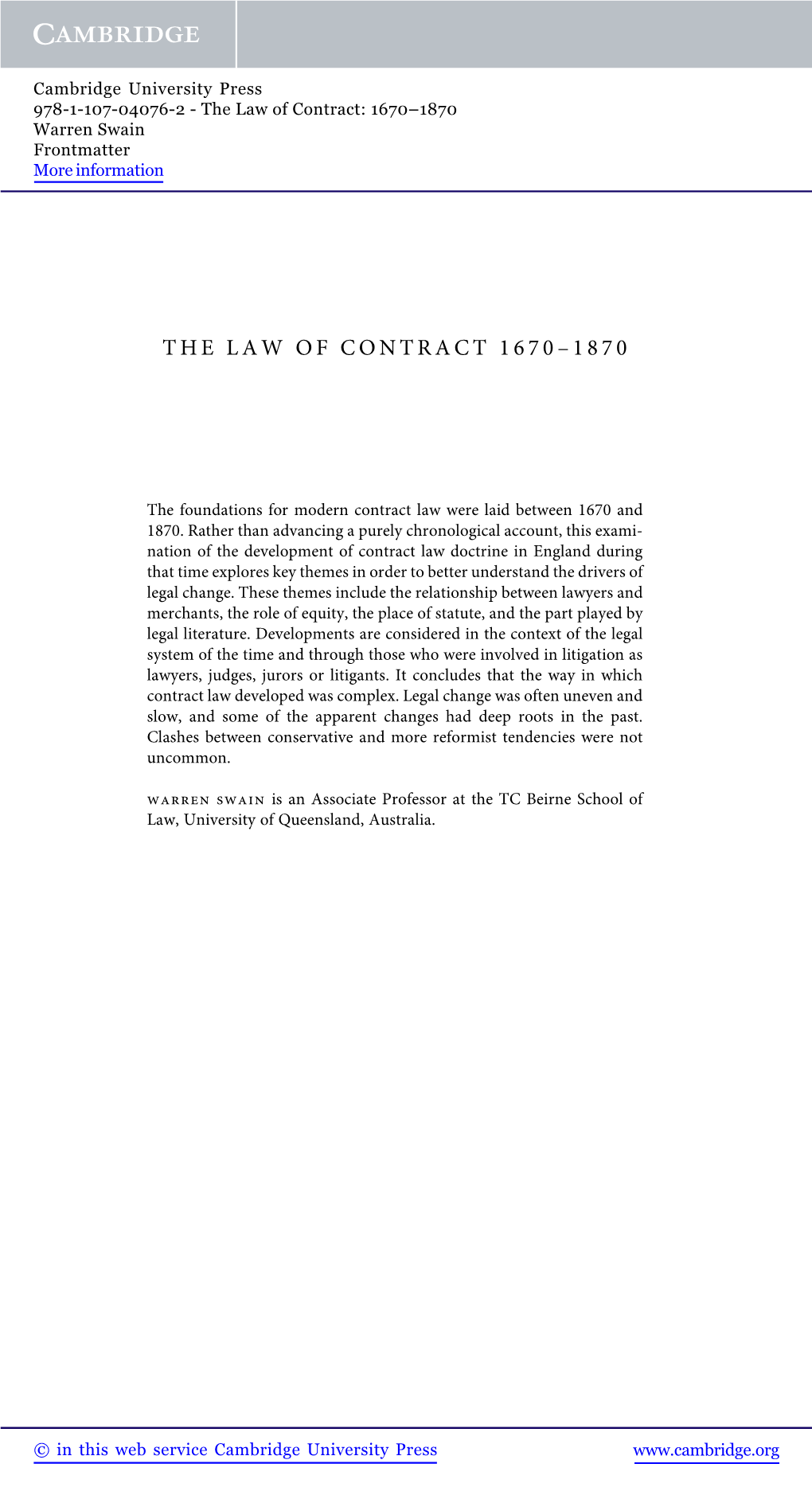 The Law of Contract 1670– 1870