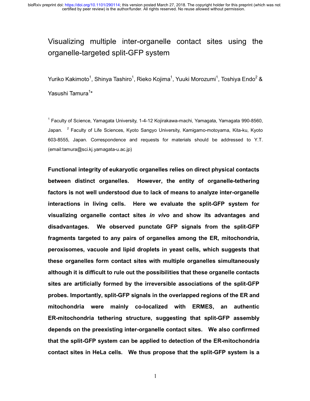 Visualizing Multiple Inter-Organelle Contact Sites Using the Organelle-Targeted Split-GFP System