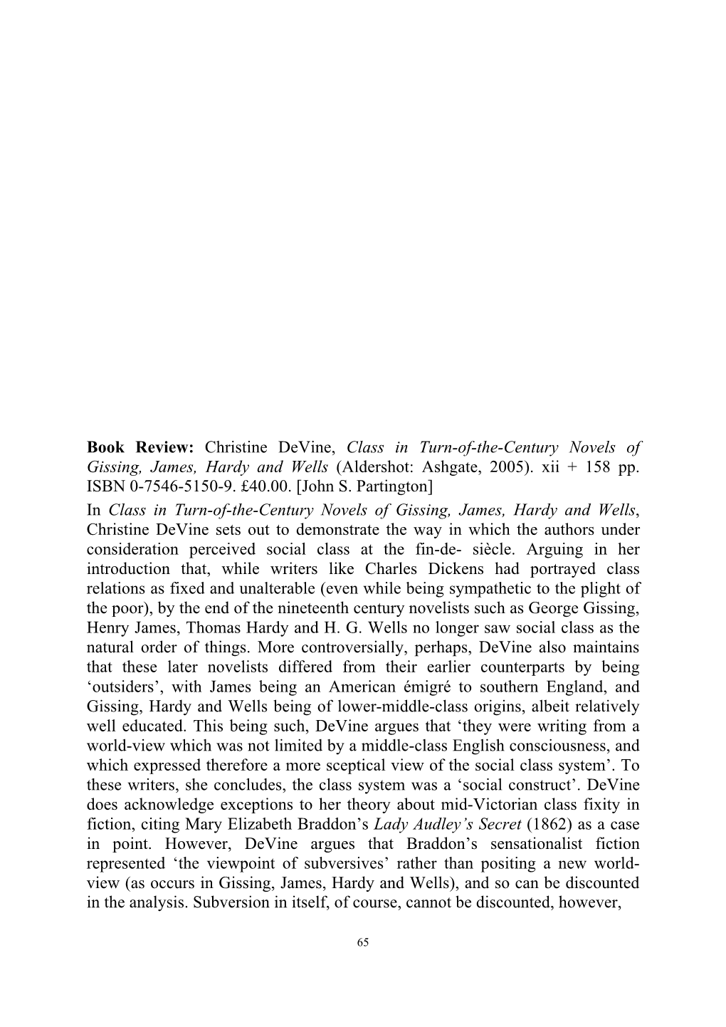 Book Review: Christine Devine, Class in Turn-Of-The-Century Novels of Gissing, James, Hardy and Wells (Aldershot: Ashgate, 2005)