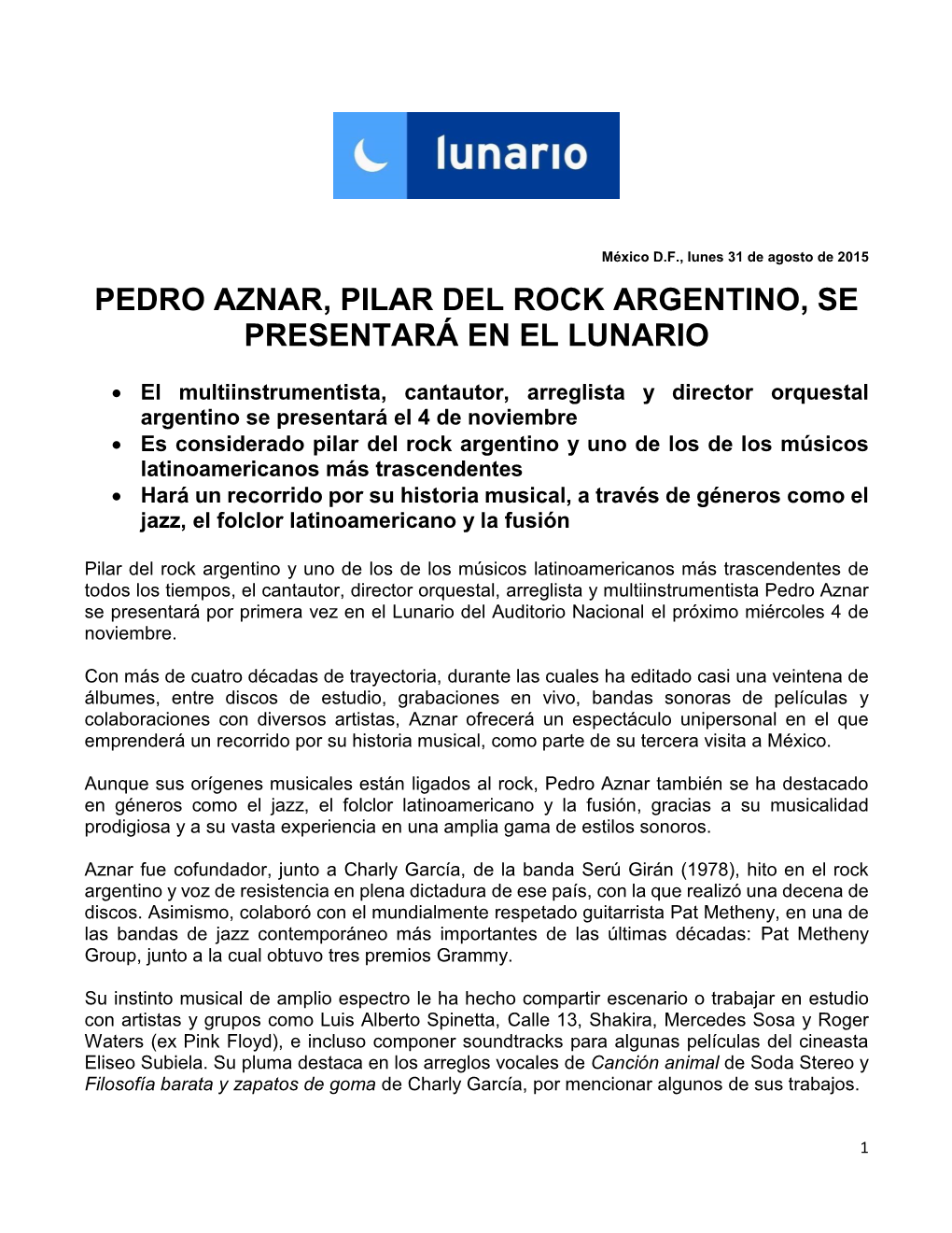 Pedro Aznar, Pilar Del Rock Argentino, Se Presentará En El Lunario