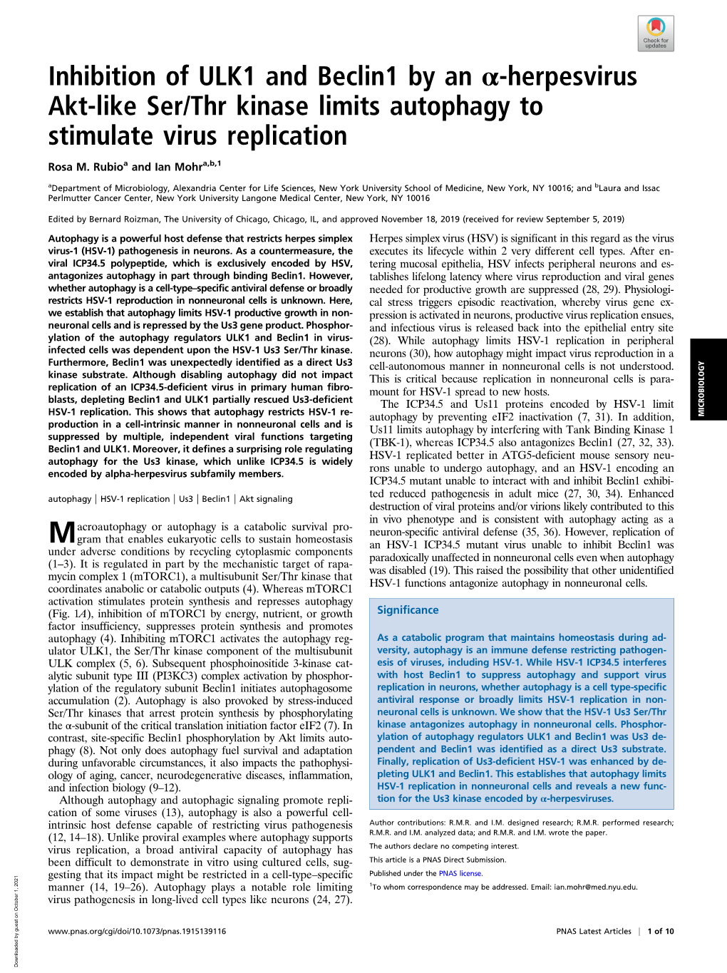 Inhibition of ULK1 and Beclin1 by an Α-Herpesvirus Akt-Like Ser/Thr Kinase Limits Autophagy to Stimulate Virus Replication