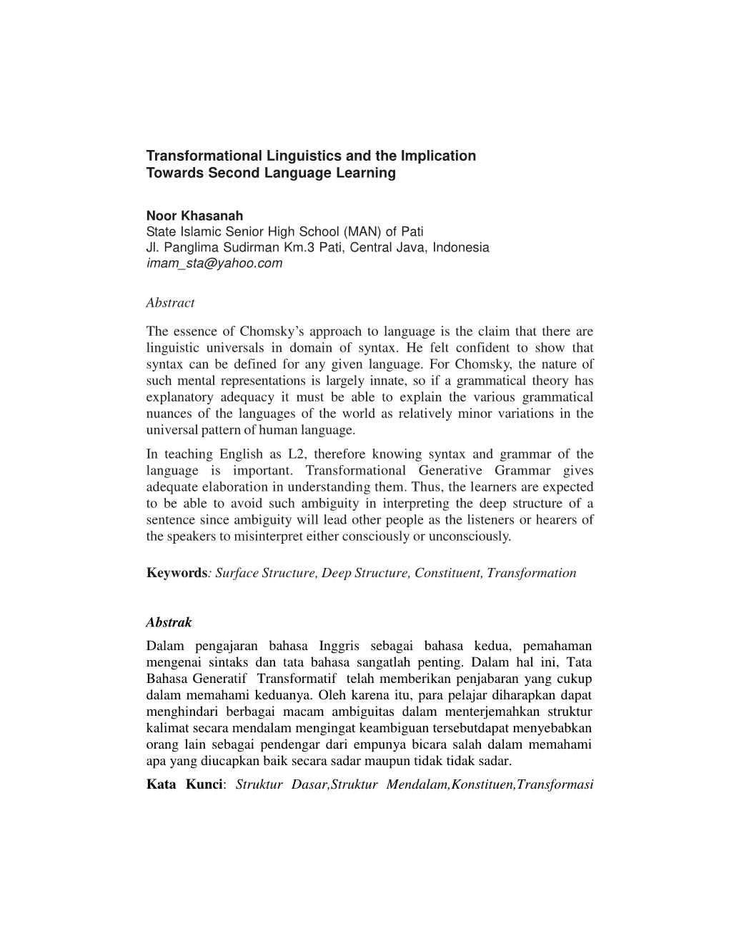 Transformational Linguistics and the Implication Towards Second Language Learning